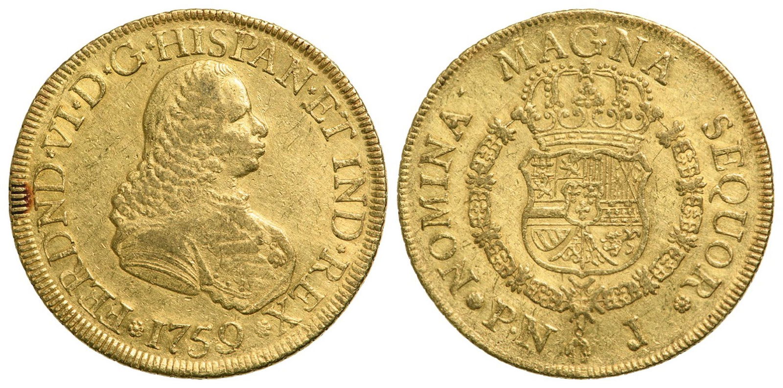 Ferdinand VI (1749-1759) 8 Escudos 1759 PN J, Popayan mint (1 of 1)