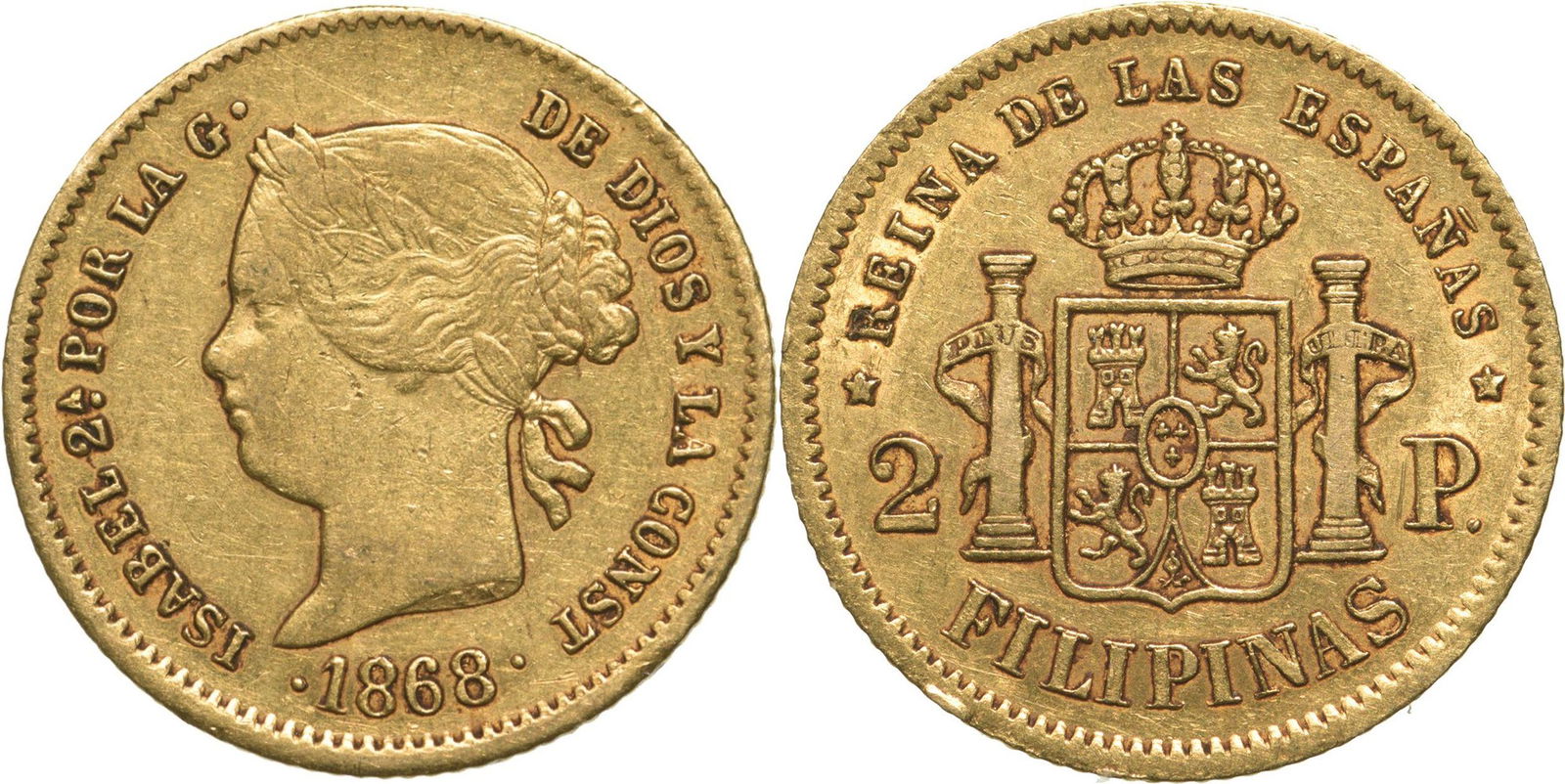 Isabel II (1833-1868) 2 Pesos 1868, Manilla (1 of 1)