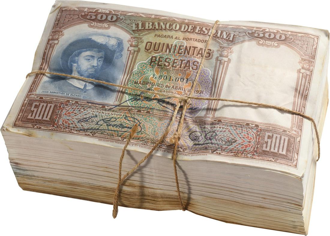 Lot of 500 Banknotes. 500 Pesetas 1925-04-25 "Juan SebastiâˆšÂ°n de Elcano" (1 of 2)