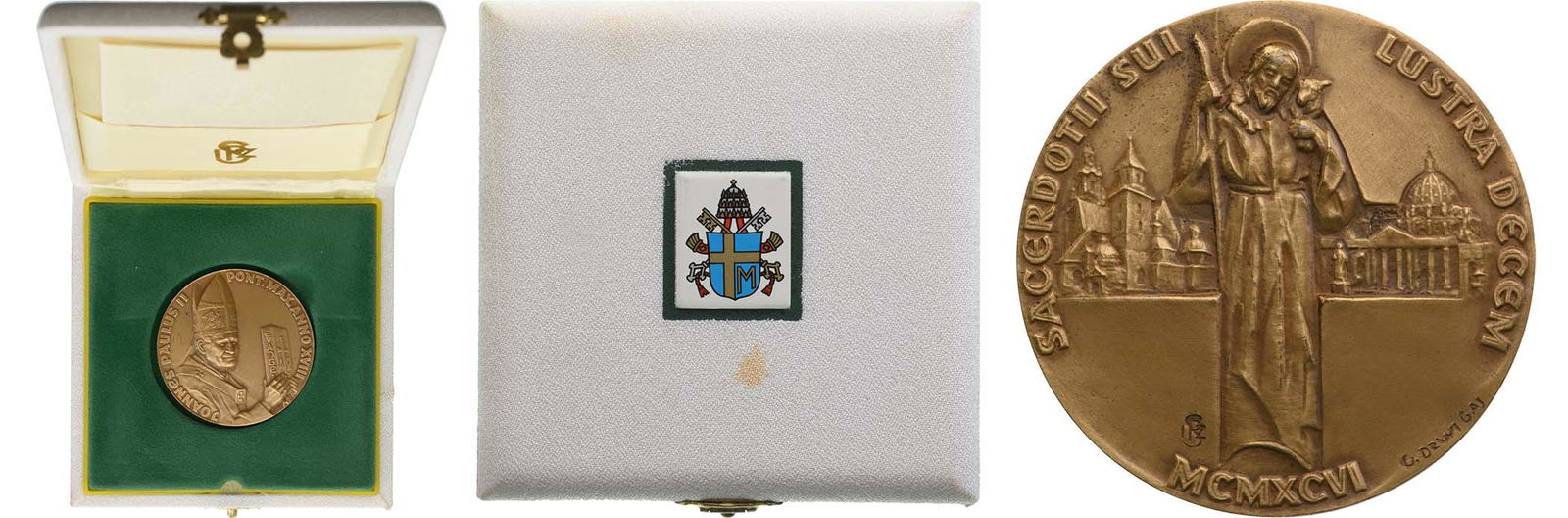 Medal of Pope Joannes Paulus II, 1996: Medal, 44 mm., 61.18 g., gilt Bronze, maker's mark "G DZWI GAJ", numbered 0019/6000, in original case of issue with gilt coat-of-arms on the lid and certificate. Mint state! I