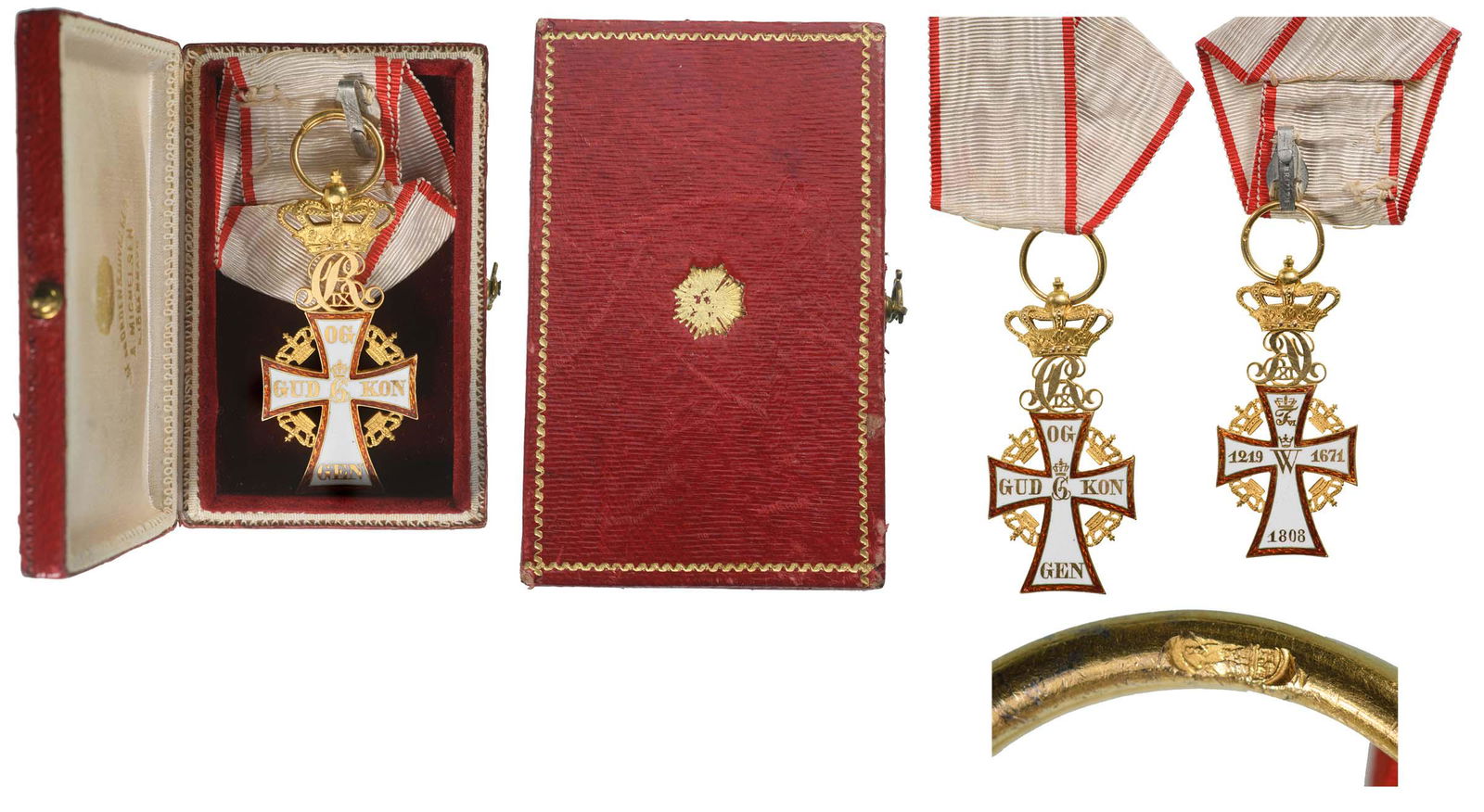 Order of Dannebrog, Christian IX (1818-1906): Knight's Cross. Badge, 57x27 mm., GOLD, maker`s mark, both sides enameled, central medallion gold, enameled, original suspension crown, ring and ribbon, in case of issue by "A. Michelsen - Kopenhagen"