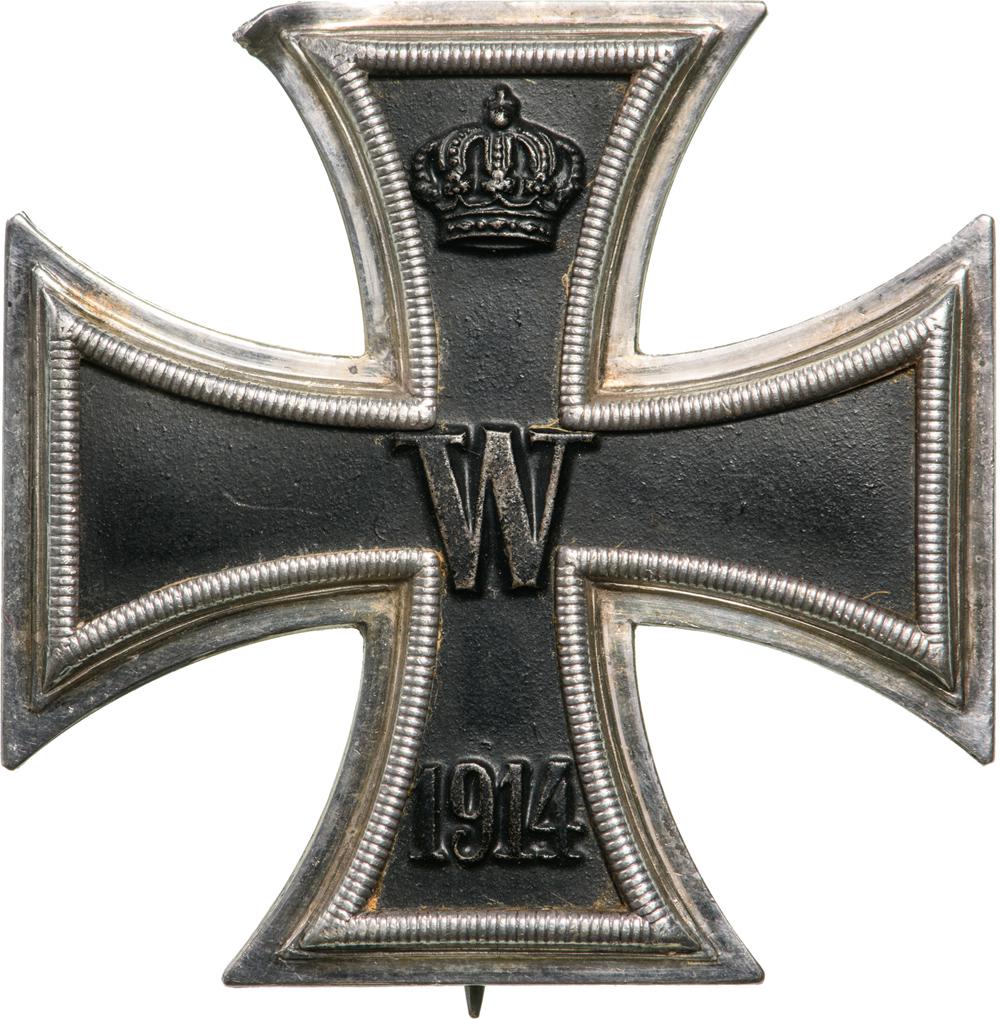 Iron Cross, 1st Class, 1914: Breast Badge, 43x43 mm, Silver frame and iron core. Vertical broad pin on reverse. Hallmarked "WS " (Walter Schott). I