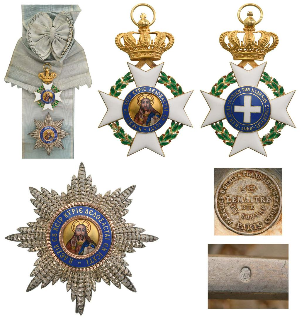ORDER OF THE REDEEMER: Grand Cross Set, 2nd Type. Sash Badge, 86x55 mm, GOLD, enameled and finely painted "Pantokrator", together with original sash. Breast Star, 83 mm, Silver with chiseled and pierced rays of very convex 