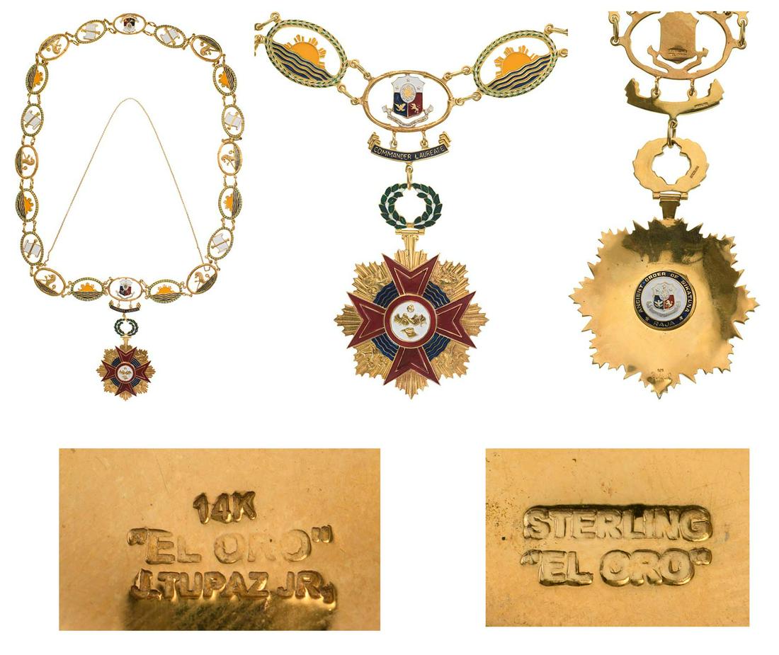 Order of Sikatuna: Collar of the Order in GOLD and Silver, Dim.: L. of the collar: 113,0 cm., the Badge: 105,0 x 72,0 mm, hallmarked "14K" , composed by 6 oblong oval links with a heraldic sea-lion rising from the sea, 