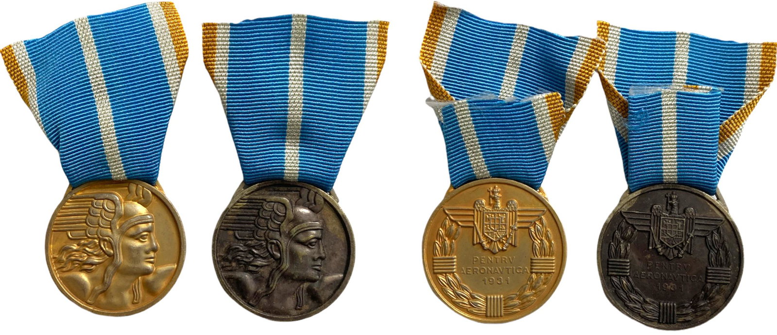 The "Aeronautical Virtue" Medal, Civil: Set 1-2 Classes. Breast Badges, 32 mm, gilt Bronze and silvered Bronze, original rings and ribbons. (2) Rare set! I R!