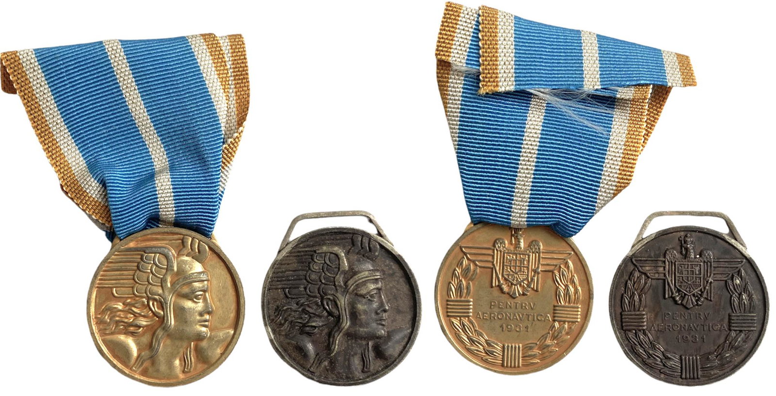 The "Aeronautical Virtue" Medal, Civil: Set 1-2 Classes. Breast Badges, 32 mm, gilt Bronze and silvered Bronze, original rings and one ribbon. (2) Rare set! I R!