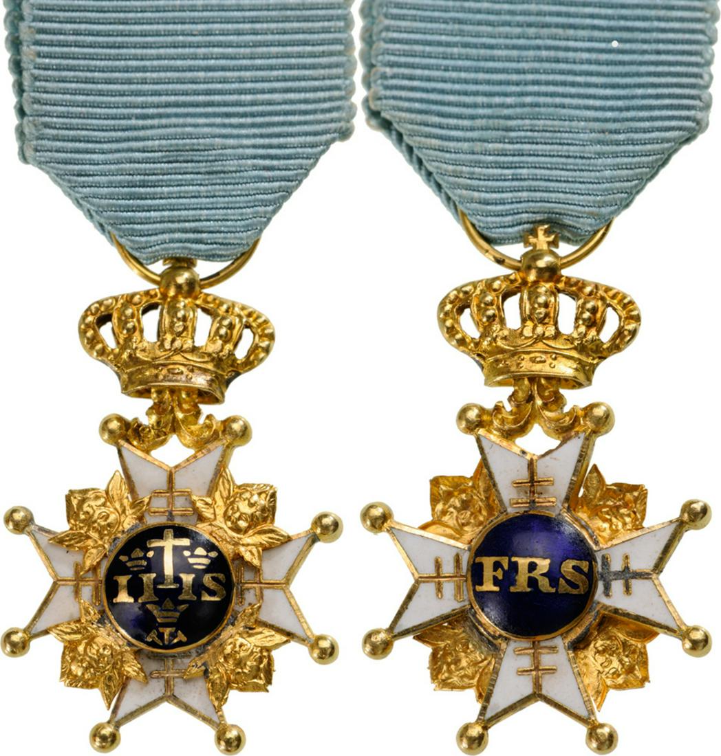 The Order of the Seraphim: Miniature of the Order in GOLD and enamels, 26x16 mm, of beautiful, complex manufacture, late 19th, hinged upper crown and suspension ring, original ribbon. A beautiful piece, pristine condition. I RR