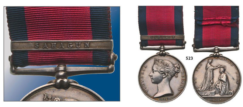 Breast Badge silver 31 mm with bar SAHAGUN" and r: Breast Badge silver 31 mm with bar SAHAGUN" and ribbon named to "A. ROBERTS TROOP SERJEANT MAJOR 7th LIGHT DRAGOON". A few contact marks. Very rare! II RR!"