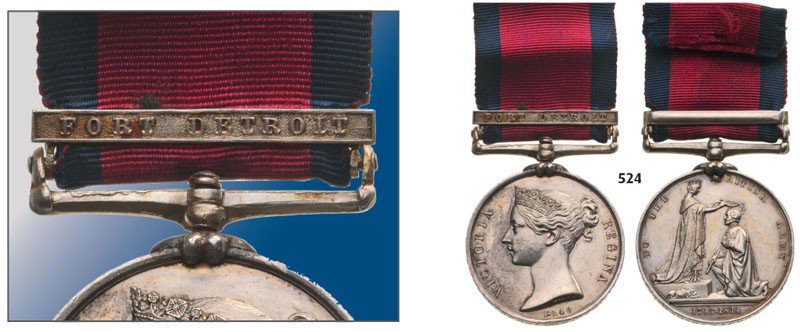 Breast Badge silver 31 mm with bar FORT DETROIT" : Breast Badge silver 31 mm with bar FORT DETROIT" and ribbon named to "J. BUREAU SERJt CANADn MILITIA". A few contact marks. Very rare! II RR!"