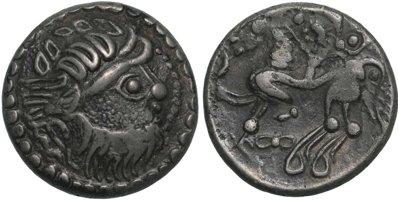 EASTERN EUROPE. Imitating Philip II of Macedon. 2nd-1st century B.C.Tetradrachm (20 mm, 11.1 g): Stylized laureate head of Zeus right / Celticized horseman riding left, âˆž below. Gobl OTA 488/7. Lanz 777. Almost XF, superb patina!