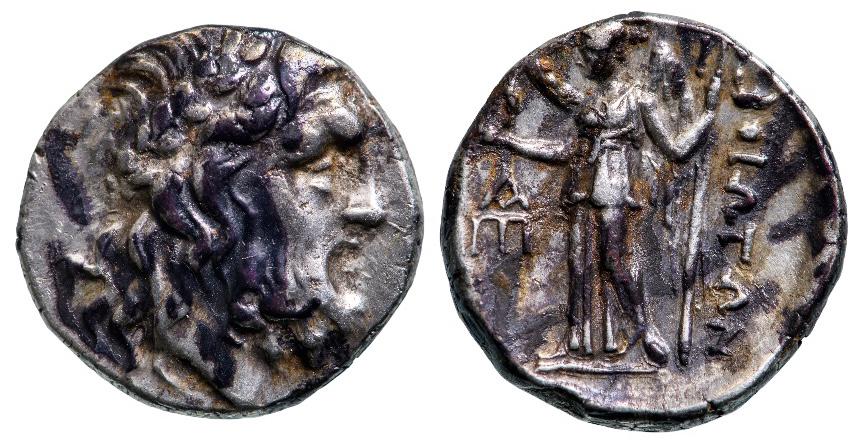 Boeotia, Federal Coinage, AR Drachm (5,1g) ca. 225-171 BC: Head of Poseidon right / Nike standing left, holding wreath and trident. SNG Cop 391. F+