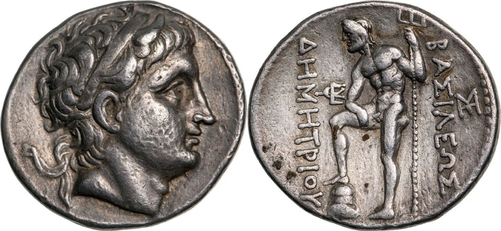 Demetrios I Poliorketes (306-283 BC). Tetradrachm Silver (30 mm, 17.01 g) Amphipolis, circa 289-288: Diademed and horned head of Demetrios I to right. Rev. BAÎ£IÎ›EÎ©Î£ - Î”HMHTPIOY Poseidon, nude, standing left, his right foot set on a rock, holding trident in his left hand and resting h