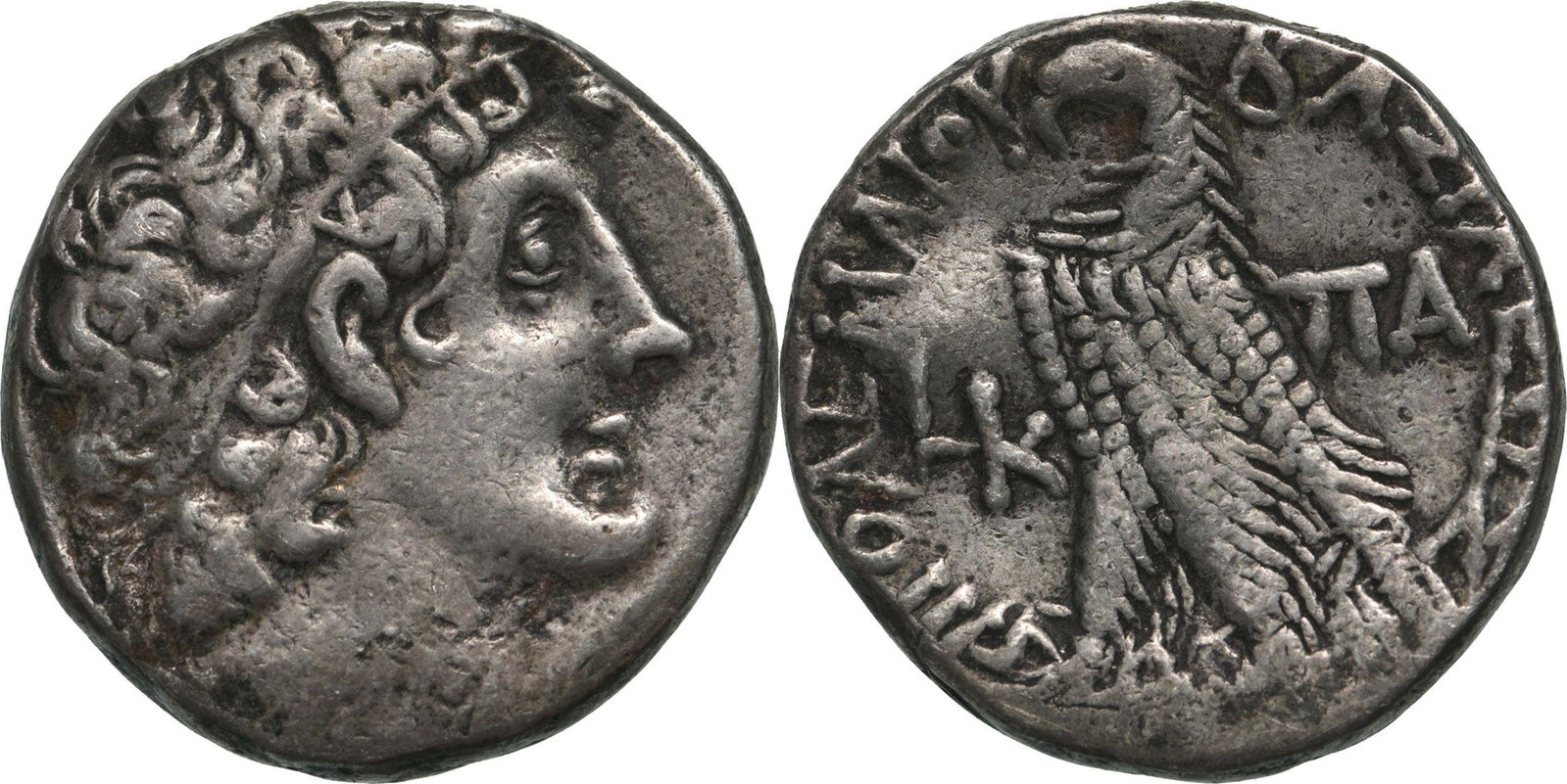 PTOLEMAIC KINGS of EGYPT. Ptolemy XII Neos Dionysos (Auletes) (80-58 BC). Tetradrachm Silver (24 mm,: Diademed head of Ptolemy I right, aegis around neck / Eagle standing left on thunderbolt, LK (date) to left, Î A to right. Svoronos 1867. VF+