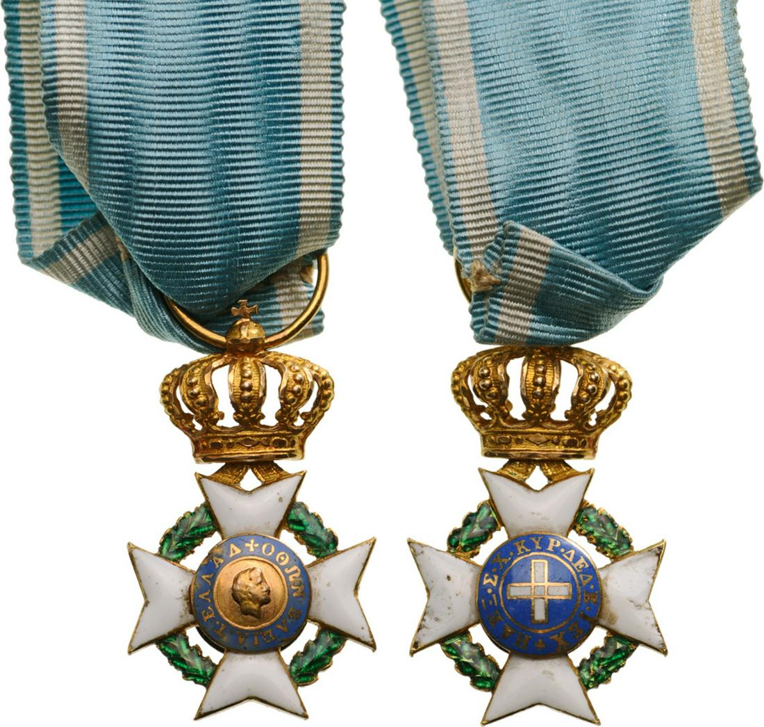 ORDER OF THE REDEEMER: 1st type Knight`s Cross Miniature, 25x15 mm, in GOLD and enamels, with centre medallions in gold,with King Otto`s portrait (facing right) to the obverse and Bavarian colours to the reverse, hinged sus