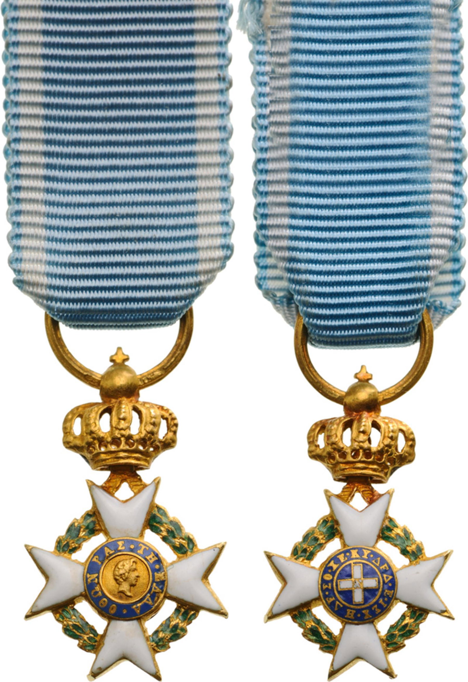 ORDER OF THE REDEEMER: 1st Type Knight's Cross Miniature, 19x11 mm, in GOLD and enamels, with centre medallions in gold, with King Otto's portrait (facing right) to the obverse and Bavarian colours to the reverse, hinged su
