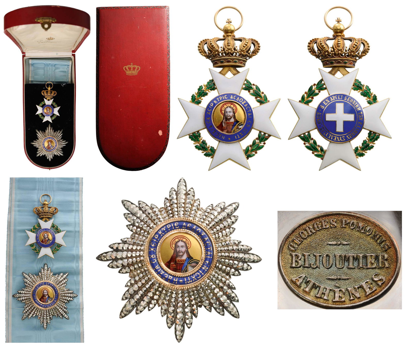 ORDER OF THE REDEEMER: Grand Cross Set, 2nd Type, instituted in 1833. Sash Badge, GOLD, enameled and finely painted "Pantokrator", together with original unsewn sash. Breast Star, Silver with chiseled and pierced rays of ve
