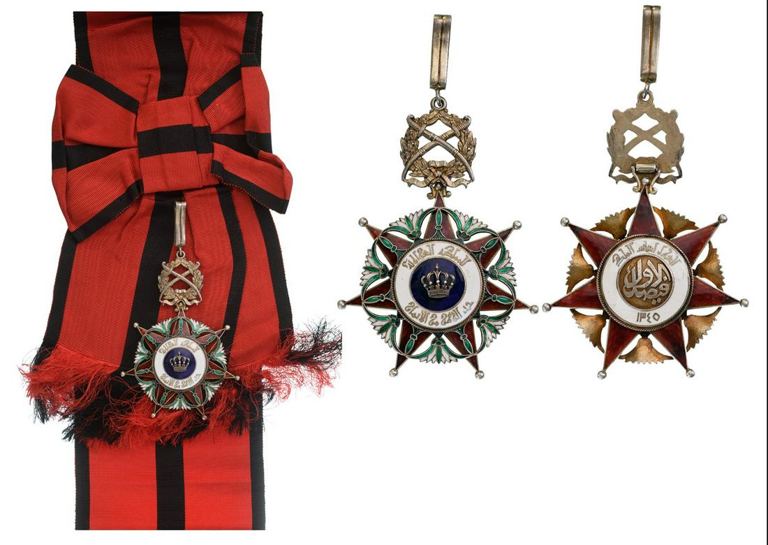 Order of Rafidain, instituted in 1922: Grand Cross Badge Military, 1st Class. Neck Badge, 86x64 mm, gilt Silver, original suspension wreath, ring and short sash with bow. Rare and extremely fine condition! I R!