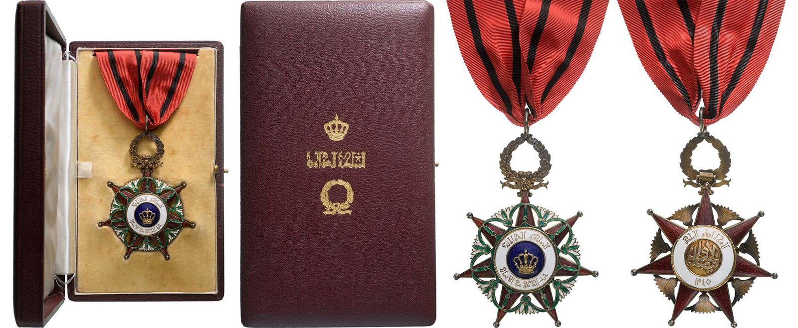 Order of Rafidain, instituted in 1922: Commander's Cross, 3rd Class. Neck Badge, 87x66 mm, gilt Silver, original suspension wreath, ring and ribbon, in case of issue with gilt inscription on the lid, by "Garrard & Co - London". Rare and mi