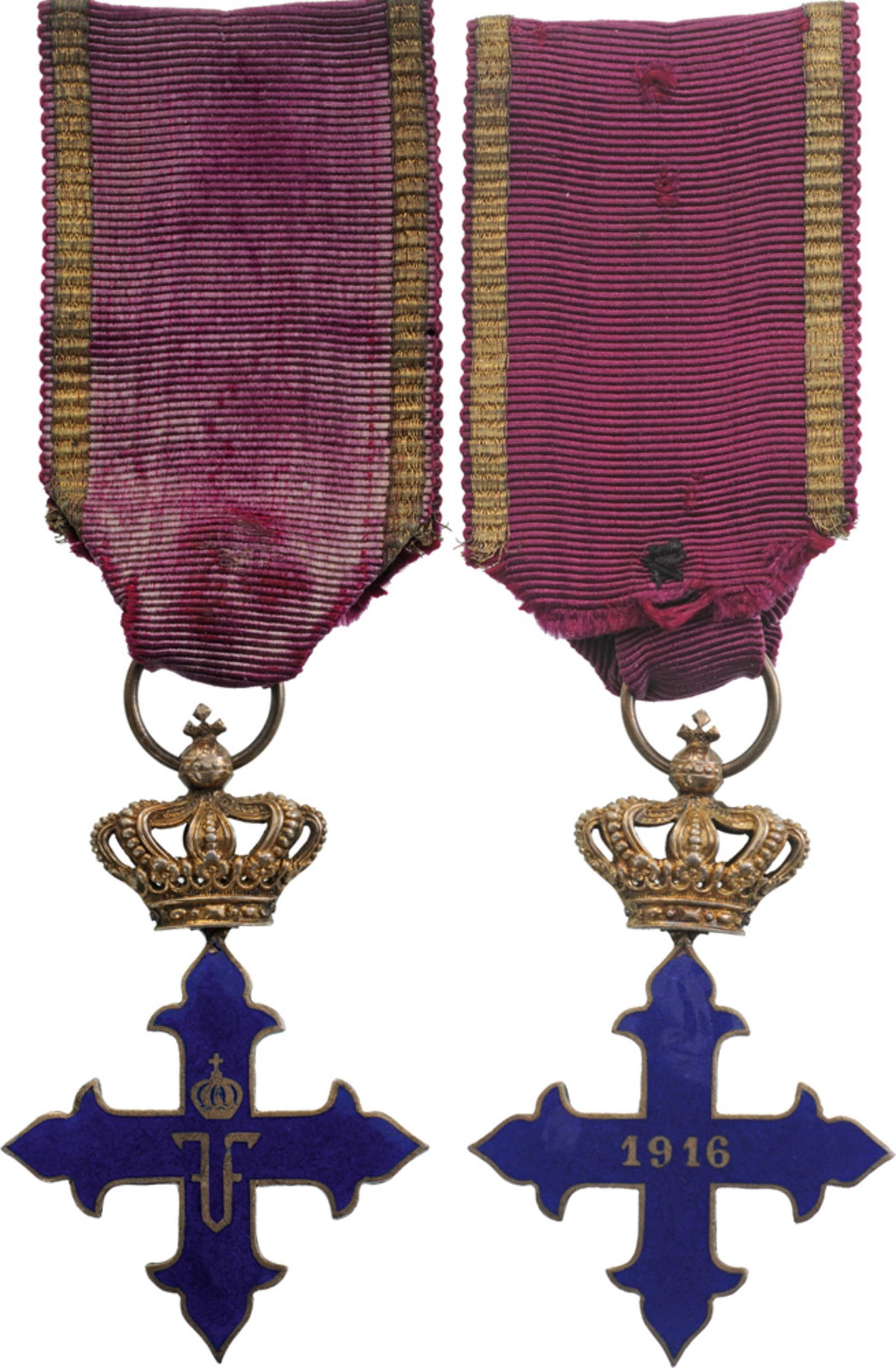 ORDER OF MICHAEL THE BRAVE, 1916: 3rd Class, 1st Model, instituted in 1916. Breast Badge, 56x40 mm, gilt Silver, dark blue enameled original suspension crown and ribbon. Rare in silver! I R!