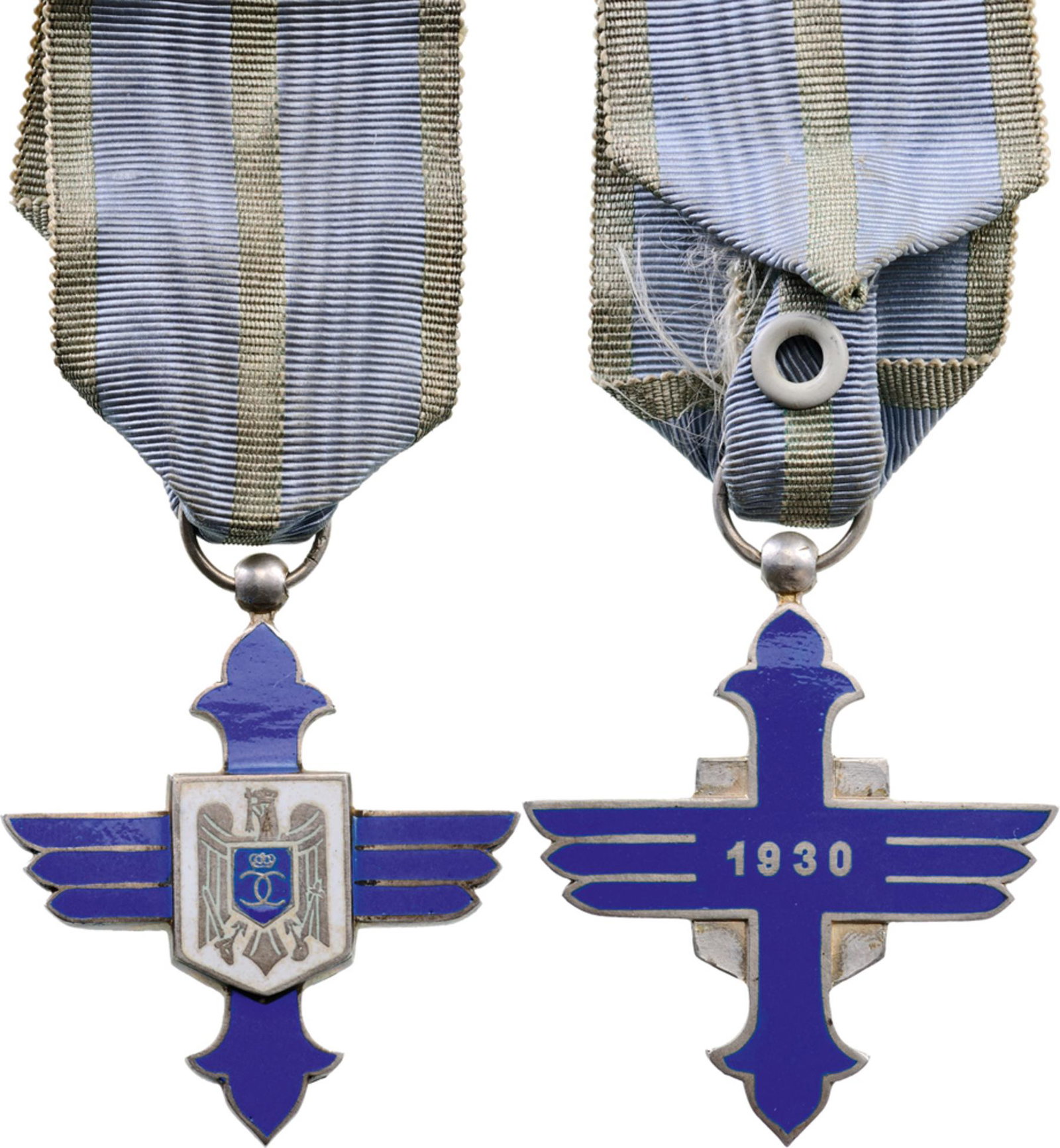 Order of Aeronautical Virtue (1930): Knight`s Cross, 1st Model with cipher of King Carol II, for Civil, 45x44 mm, in Silver, hallmarked "334 W 31", with original ring and ribbon. Perfect quality and condition! I