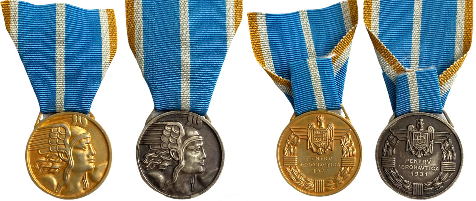 The "Aeronautical Virtue" Medal, Civil: Set 1-2 Classes. Breast Badges, 32 mm, gilt Bronze and silvered Bronze, original rings and ribbons. (2) Rare set! I R!