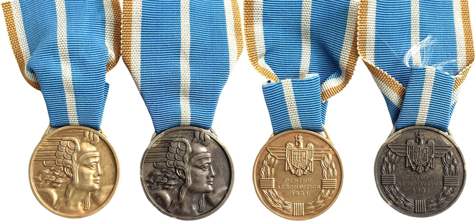 The "Aeronautical Virtue" Medal, Civil: Set 1-2 Classes. Breast Badges, 32 mm, gilt Bronze and silvered Bronze, original rings and ribbons. (2) Rare set! I R!