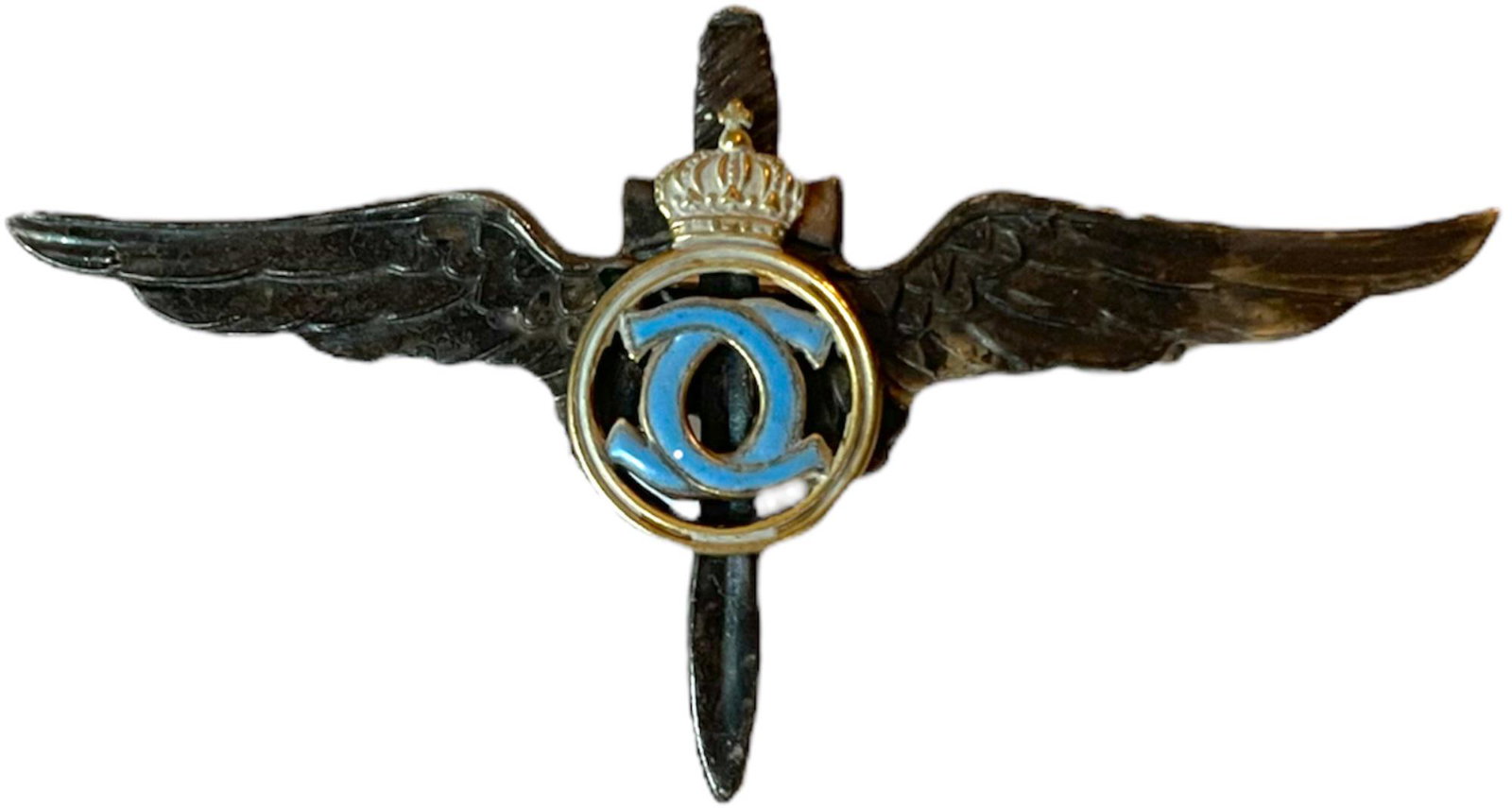 MILITARY PILOT BADGE, KING CAROL II MODEL, 1931-1940: Breast Badge, 65x35 mm, silvered Bronze, with thin pin on reverse, I.M.S.P.R. 231. Rare! I R!