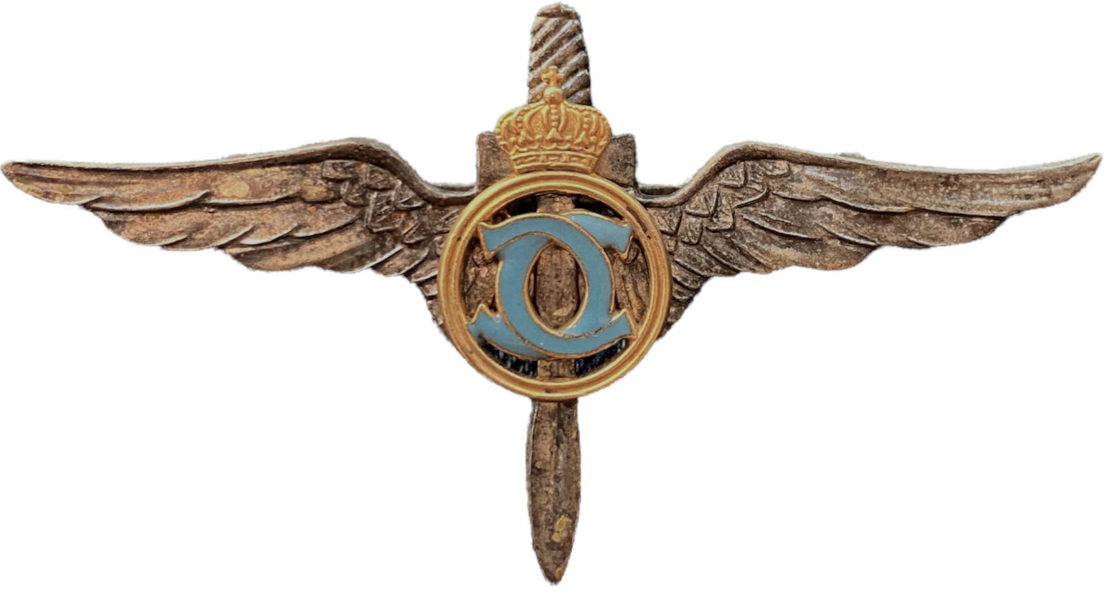 MILITARY PILOT BADGE, KING CAROL II MODEL, 1931-1940: Breast Badge, 65x35 mm, silvered Bronze, with thin pin on reverse, I.M.S.P.R. 231. Rare! I R!