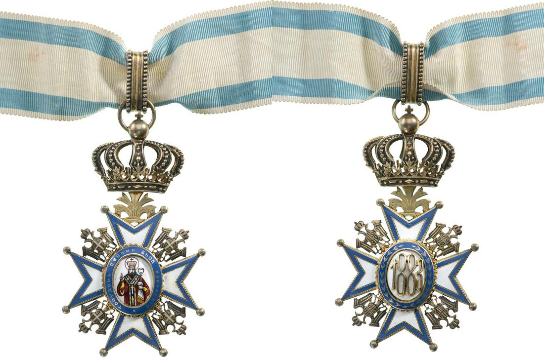 Order of St. Sava, 1883: Commander's Cross, 3rd Class, 2nd Type. Neck Badge, 86x50 mm, gilt Silver, hallmarked "900", maker's mark "GAS", enameled, central medallion gilt, enameled, with original suspension crown, loop, ring 