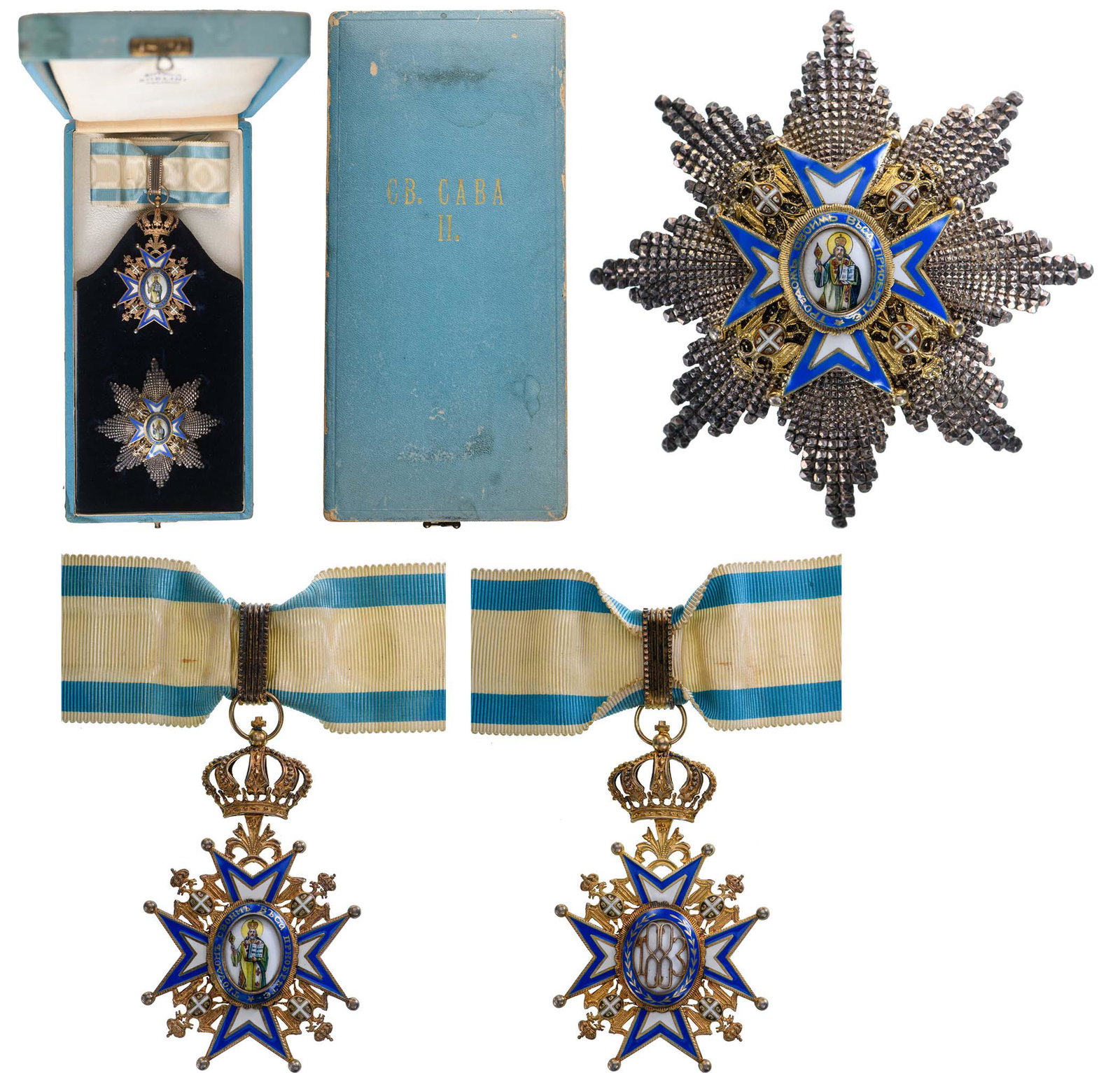 Order of St. Sava, 1883: Grand Officer`s Set, 3rd Type, awarded after 1903. Neck Badge, 86x52 mm, in gilt Silver, with white enameled, blue bordered arms, flanked by gilt, Serbian double eagles with enameled escutcheon, oval 