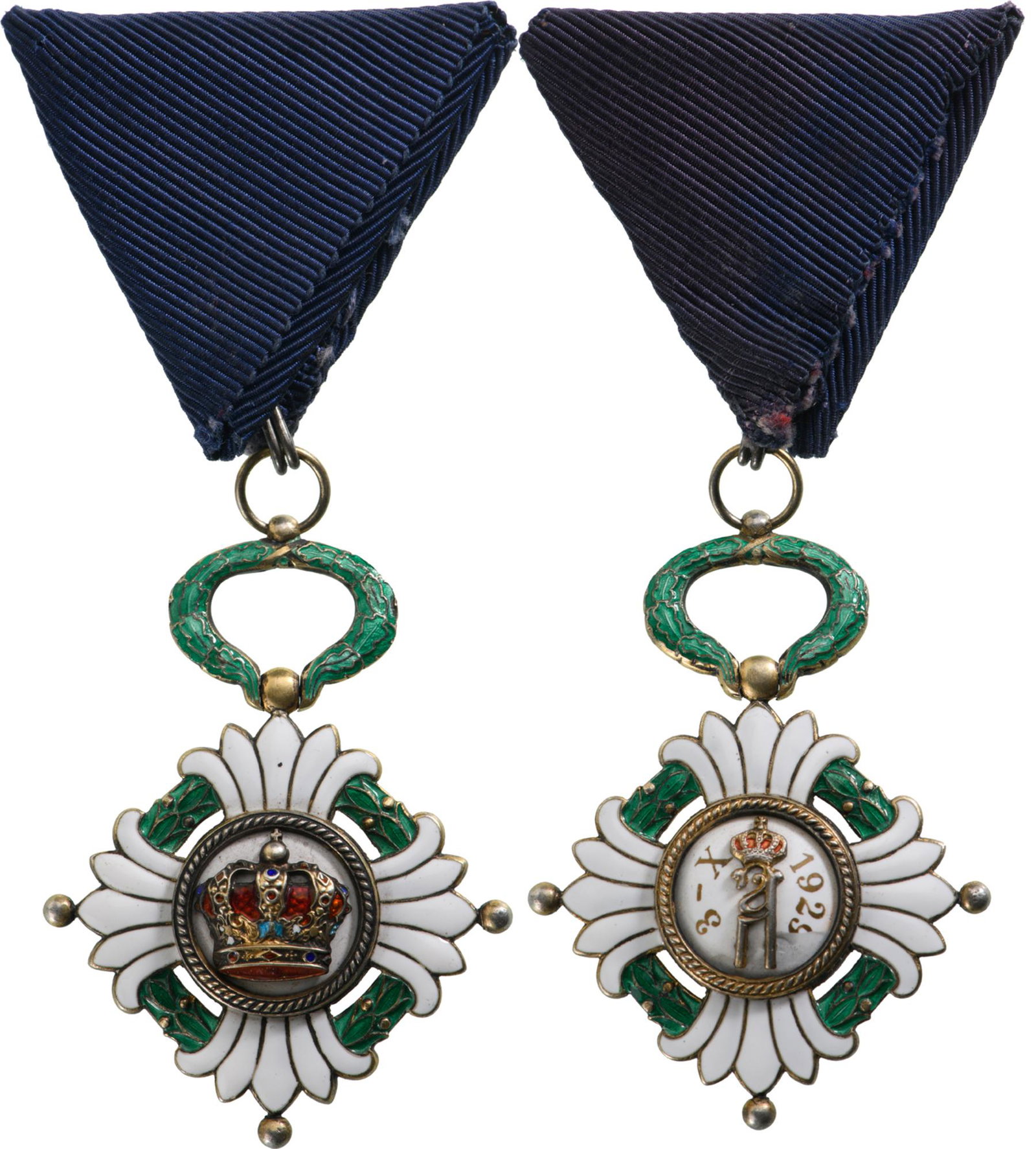 ROYAL ORDER OF THE YUGOSLAV CROWN: 5th Class, Knight's Cross. Breast Badge, 60x45 mm, Silver, enameled, central medallion gilt, enameled, with original suspension wreath, ring and ribbon. II