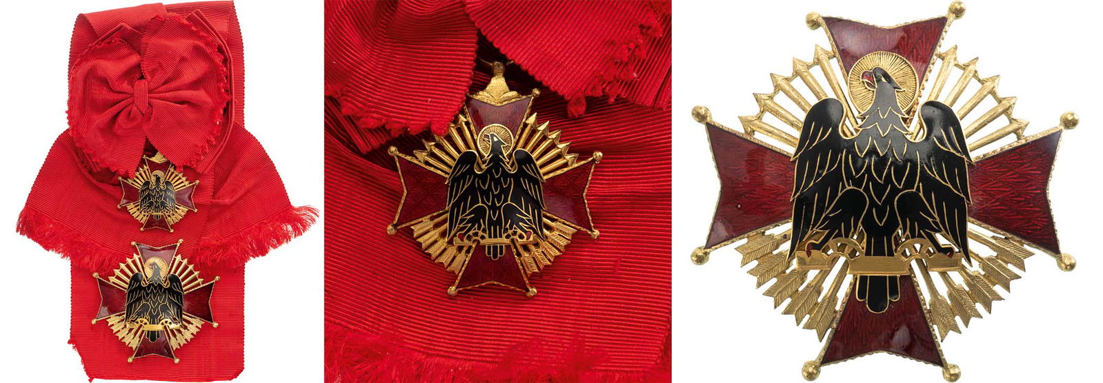 The Order of Cisneros: Grand Cross Set, 1st Class, instituted in 1944 . Sash Badge, 45x53 mm, gilt Silver, enameled, original suspension ring and short sash. Breast Star, 70 mm, multipart construction, superimposed part Gol