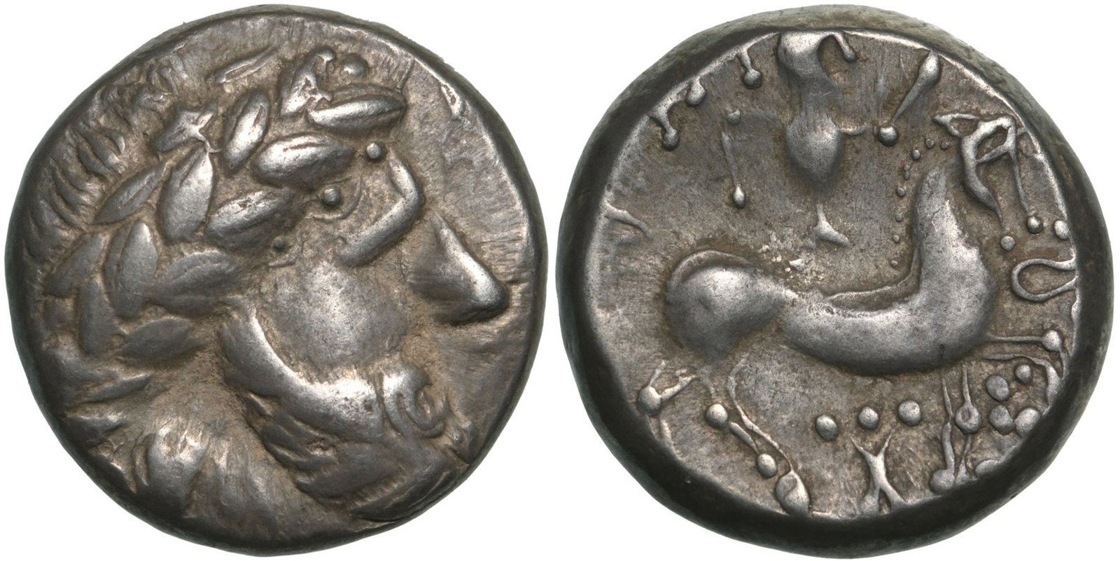 EASTERN EUROPE. Northwest Hungary and Southwest Slovakia. Tetradrachm, Silver (20 mm, 12.9 g),: Stylized head of Zeus with laurel wreath to the right/ Stylized horseman to the right, monogram below. Pink 429, Lanz 723, Flesche 563. XF, superb patina!