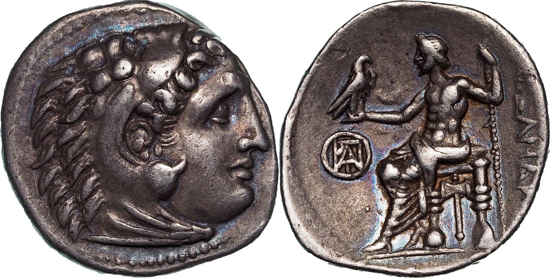 Alexander III "The Great" (336-323BC), Drachm Silver (18 mm, 4.11 g): Head of young Herakles right, wearing lion skin/ Zeus seated left with eagle and sceptre. Controls: monogram within circle in left field and double axe below throne. Price 2148. XF+, superb style and 