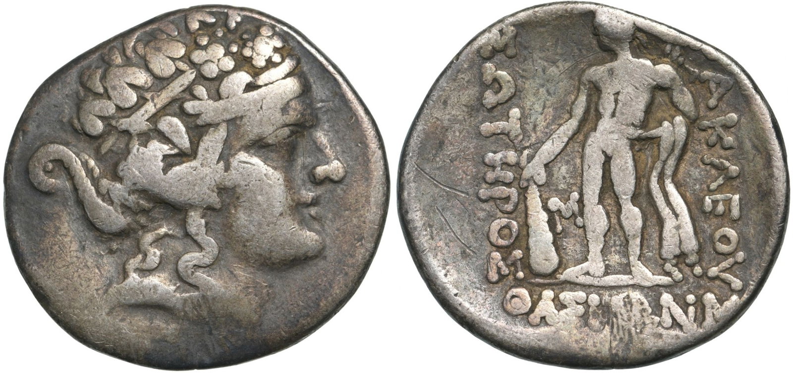 THRACE. Thasos. Tetradrachm Silver (31 mm, 15.96 g) Circa 90-75 BC). Imitative series.: Head of Dionysos with ivy wreath right/ HPAKΛEOYΣ / ΣΩTHPOΣ / ΘAΣIΩN, Heracles with club and lion's skin from the front, head left.l., inside left field monogra