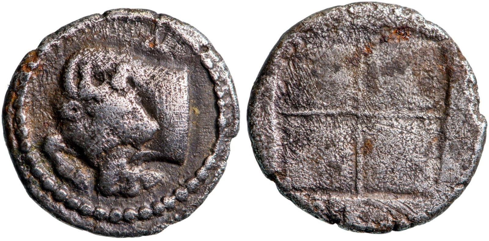 Macedonia, Akanthos, AR Tetrobol (2,2g) ca. 470-390 BC: Forepart of bull / Stippled quadripartite incuse square. SNG ANS 32. VF