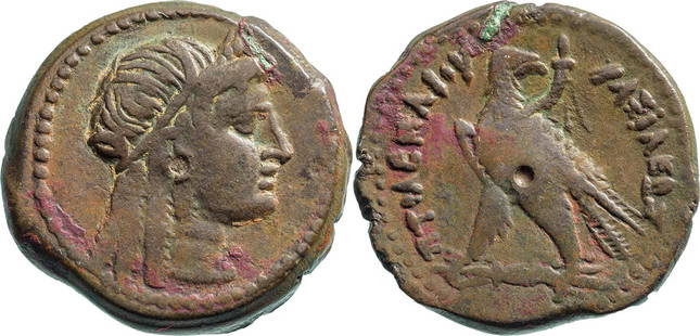 PTOLEMAIC KINGS OF EGYPT. Ptolemy V Epiphanes (205-180 BC). âˆšÃœ (21mm, 6,9 g). Alexandreia mint.: Wreathed head of Isis right, drapery around neck / Eagle with closed wings standing left, head right, on thunderbolt; filleted cornucopia over shoulder. Svoronos 1154 (Ptolemy IV); Faucher & Lorber Se