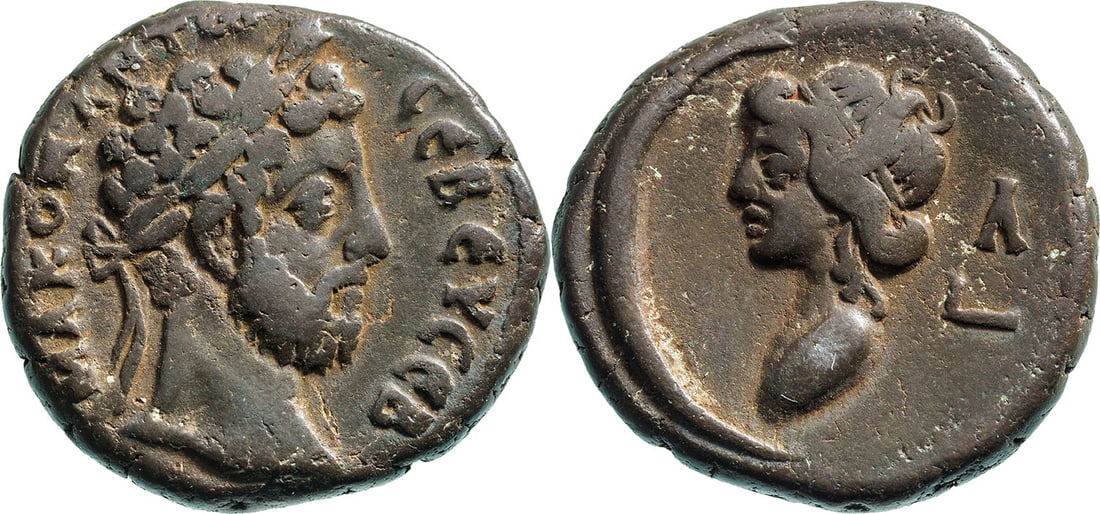 Commodus (177-192) Tetradrachm Billon (27 mm, 11.5 g) 189/90 Alexandria: M A KOM ANTⲰ CЄB ЄYCЄB Laureate head of Commodus to right/ L Λ Bust of Selene to left, wearing taenia; to left, crescent. Dattari (Savio) 3889. Emmett 2558.30. K&G 41.124