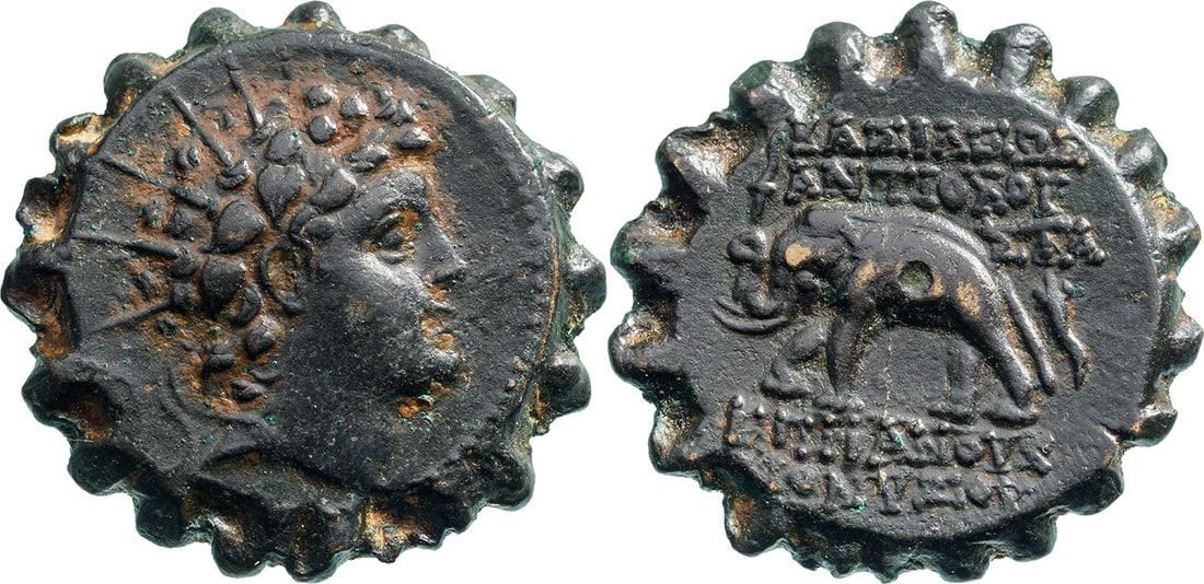 Seleukid Kingdom. Antioch on the Orontes. Antiochos VI Dionysos (144-142 BC) AE Serrate (23 mm, 8.9: Radiate and diademed head of Antiochos VI right, wreathed with ivy / ΒΑΣΙΛΕΩΣ ΑΝΤΙΟΧΟΥ ΕΠΙΦΑ	