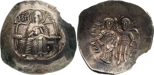 Isaac II Angelus. First reign (1185-1195) EL Aspron Trachy (28 mm, 3.7 g). Constantinople mint: MHP-ΘV across upper fields, The Virgin enthroned facing, nimbate and wearing pallium and maphorium, holding nimbate head of the infant Christ facing/ ICAAKIOC Δ, Archangel Michael, beardless