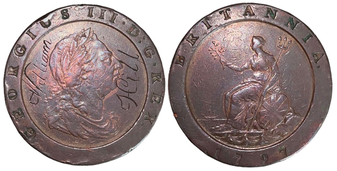 George III (1760-1820) 2 Pence 1797: Copper, 56.73 g. KM 619. Engraved "William Hill". VF+