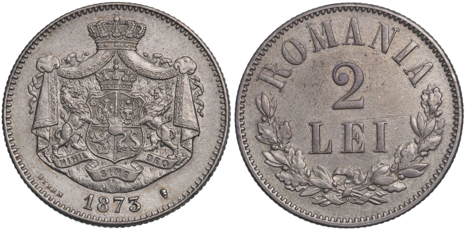 Carol I (1866 - 1914) 2 Lei 1873 Bruxelles mint (1 of 1)