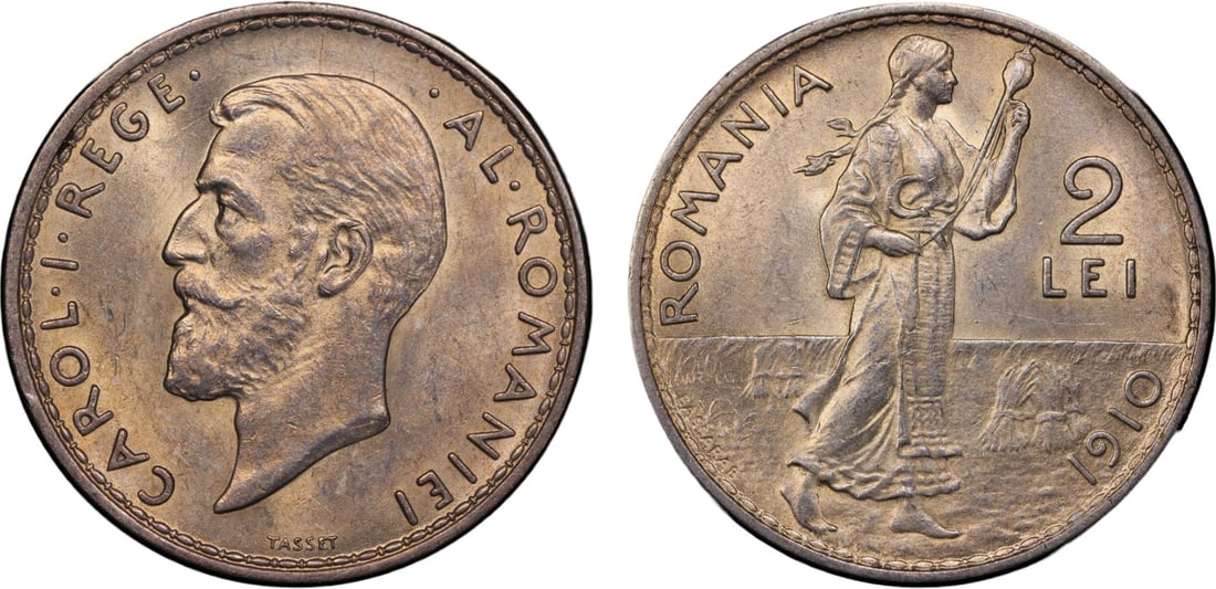 Carol I (1866 - 1914) 2 Lei 1910, Bruxelles mint: Silver, 9.96 g. Stamb. 070. PCGS MS 62.