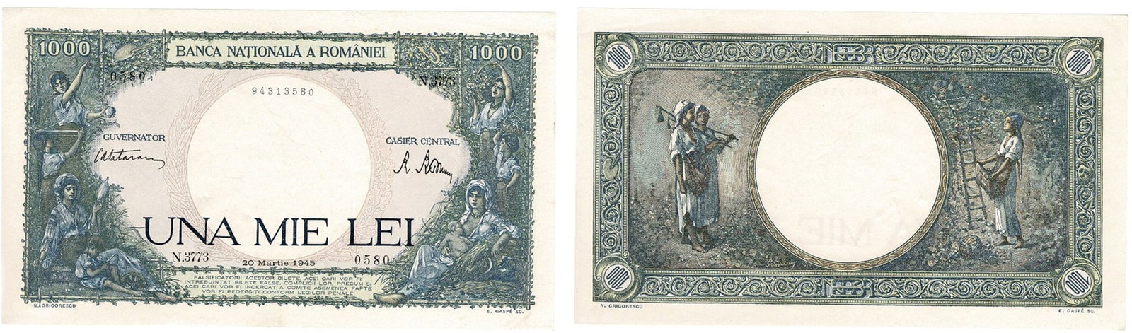 1000 Lei (10.9.1941Â¬â‰ 20.3.1945) dated 20th of March 1945: Pick 52. Mint state, UNC!