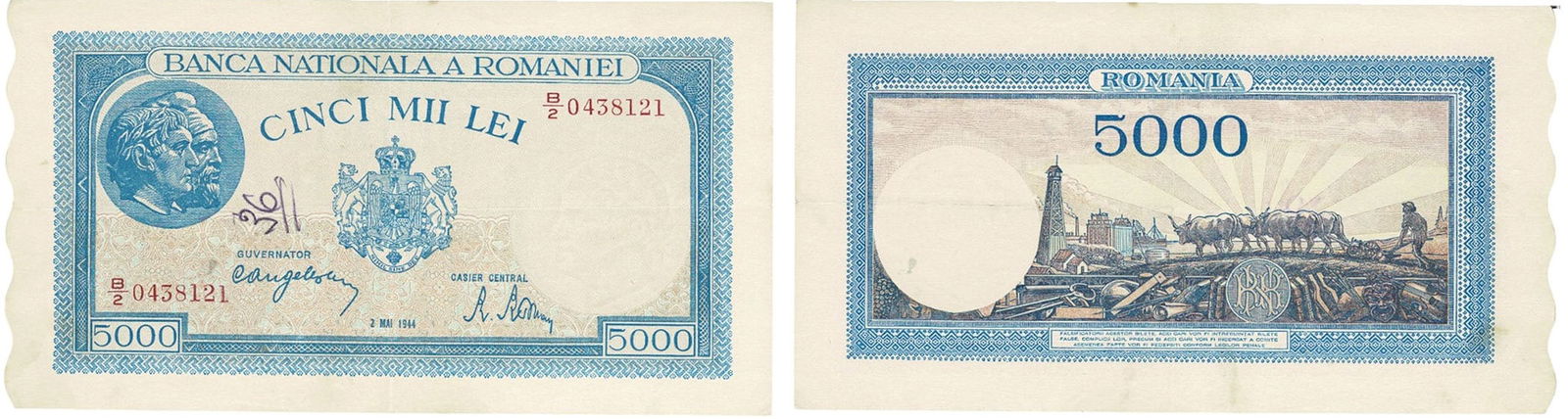 5000 Lei (28.9.1943, 2.5.1944, 22.8.1944) dated 2nd of May 1944 (1 of 1)