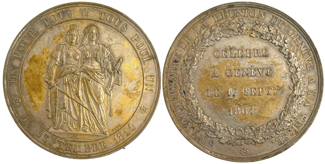 Commemorating Medal of the "50th Anniversary of Geneva's Realignment with Switzerland, 12 September: Signed by by A. Bovy & R. Dorer, Silvered Metal (42 mm, 56.16 g). XF