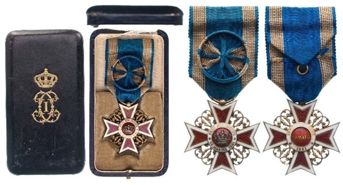 ORDER OF THE CROWN OF ROMANIA, 1881: Officer's Cross 1st Type, Civil. Breast Badge, 43x41 mm, gilt Silver, both sides enameled, original suspension ring and ribbon with rosette, in case of issue by "Joseph Resch Fils, Bucharest", with gi