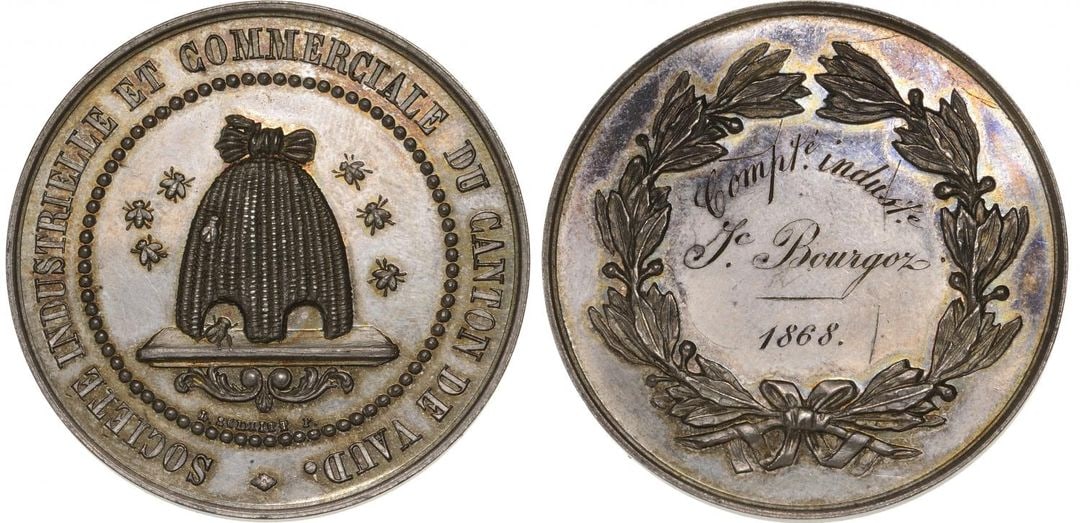 Vaud, Medal from the Comercial and Industrial Society fo the Canton of Vaud, 1868: Signed L. Schmitt, Silver (39 mm, 28.54 g). XF