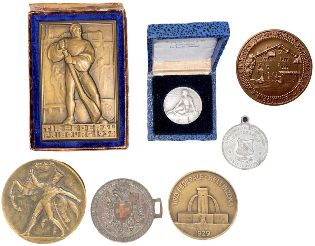 Lot of 7 Various Medals: Bern. Federal Shooting Medal 1885, Pewter (33 mm, 14.77 g); Geneva. Federal Shooting Festival 1887 in Geneva, Bronze (45 mm, 58.50 g); Fribourg. Plaquette 1934 Federal Shooting Festival Fribourg, Bron