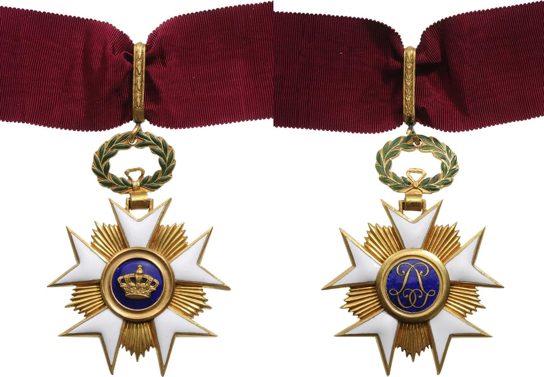 ORDER OF THE CROWN: Commander`s Cross, 3rd Class, instituted in 1897. Neck Badge, 87x55 mm, Bronze gilt, both sides enameled, both central medallions gilt, enameled, original suspension loop and neck ribbon. Superb condi